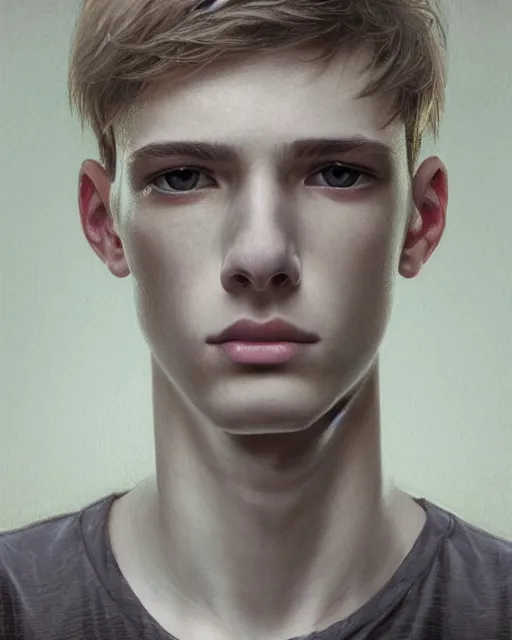 Image similar to portrait of 1 5 - year - old boy, a tall, slender boy with a pale, pointed face, sleek blond hair, and ice grey eyes, wearing black clothes, hyper realistic face, beautiful eyes, close up, fantasy art, in the style of greg rutkowski, intricate, alphonse mucha, hyper detailed, smooth