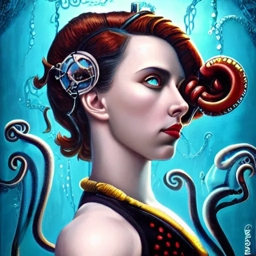 Prompt: underwater bioshock lovecrafian victorian portrait of scarlett johansson, octopus, Pixar style, by Tristan Eaton Stanley Artgerm and Tom Bagshaw.