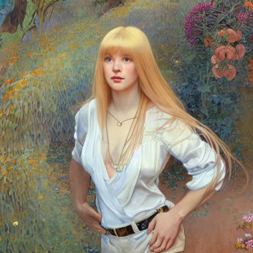 Image similar to A young woman with blonde long hair and bangs in shorts and white shirt drawn by Donato Giancola and Jon Foster, frank frazetta, alphonse mucha, background by James Jean and gustav klimt, 4k, volumetric lighting, french nouveau, trending on artstation, octane render, hyperrealistic