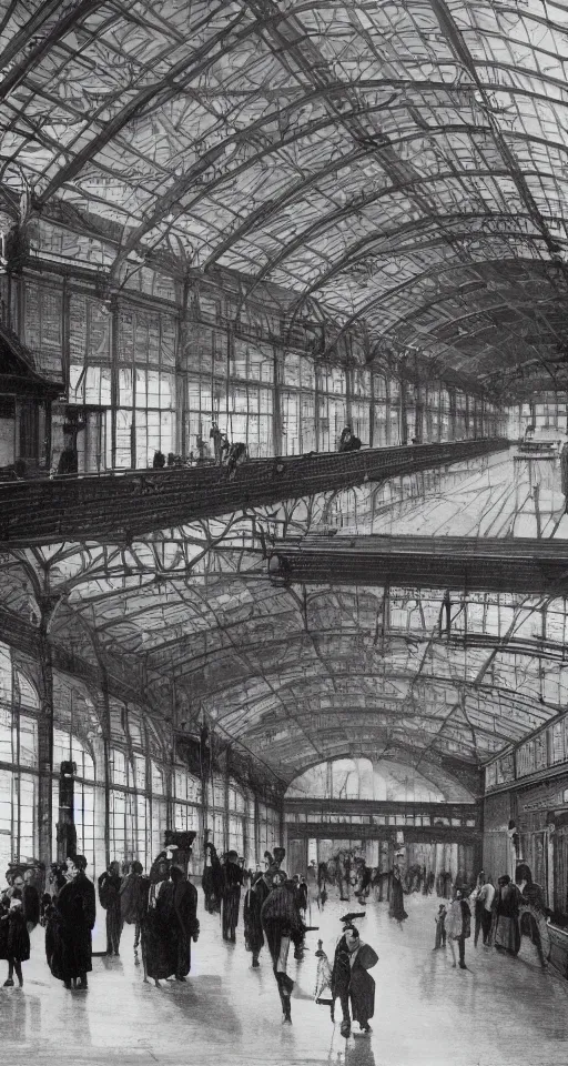 Prompt: interior of a victorian railway station, people on the platforms, luggage, atmospheric, dramatic architecture