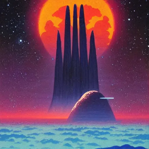 Image similar to a beautiful painting of a large alien shrine shrouded by mystic nebula magic in an asteroid field by hiroshi nagai and vincent di fate