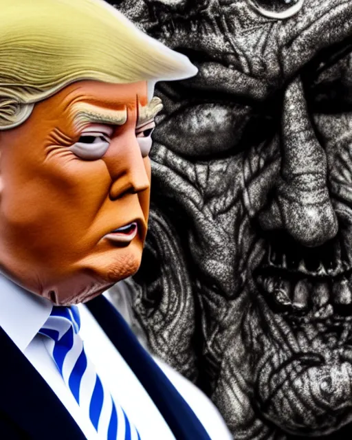 Image similar to award winning 5 5 mm close up face portrait photo of trump as songoku, in a park by hr giger. rule of thirds.