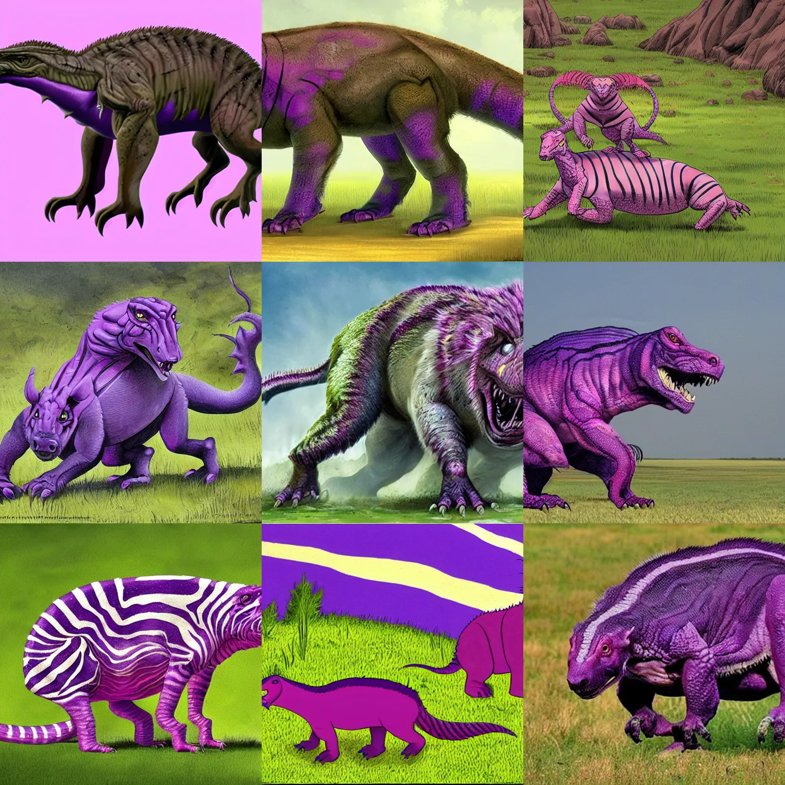 Prompt: the tornkus is a large mammalian reptile with purple and pink stripes along its back. it walks on three legs and uses its fourth to grab enemies and blast them to the center of the earth. these creatures live in the plains and are primarily scavengers.