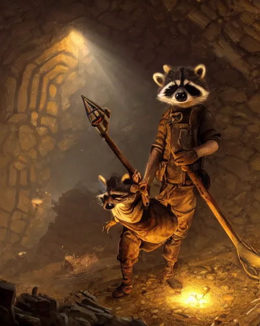 Image similar to oil painting of poor anthropomorphized raccoon miner mining gold, pickaxe, close shot, full body, dark steampunk mine shaft background, sad expression, dirty, sharp focus, fantasy style, octane render, volumetric lighting, 8k high definition, by greg rutkowski, highly detailed, trending on art Station, dungeons and dragons artwork, centered