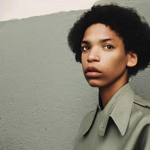 Image similar to realistic photoshooting for a new ssense lookbook color film photography portrait of a beautiful woman model wearing a workwear jacket, photo in style of tyler mitchell