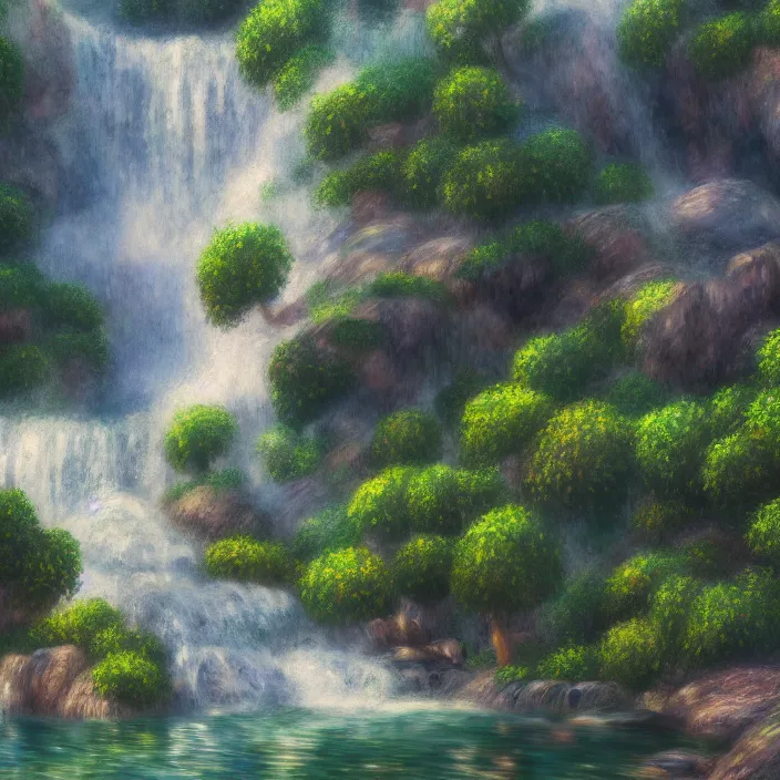 Prompt: an epic makoto shinkai and renoir landscape with a waterfall, spirals, ultra smooth, octane render
