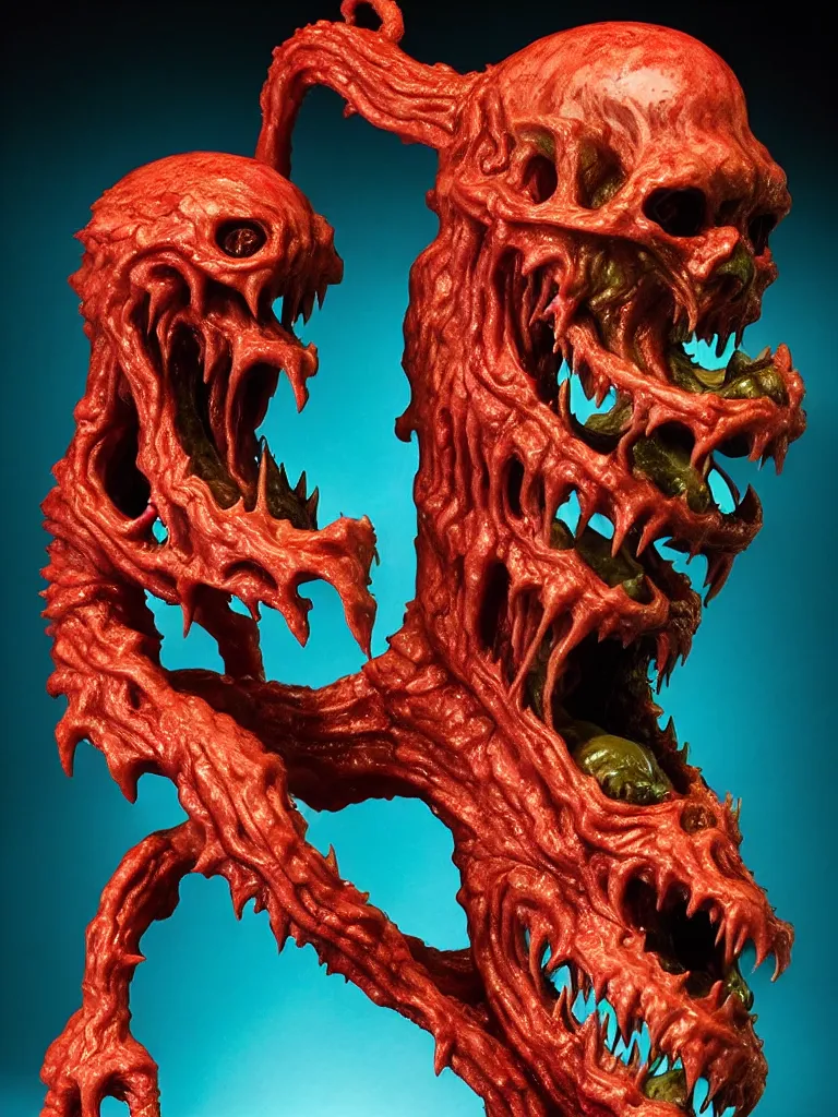 Image similar to hyperrealistic subsurface scattering rendering, fat smooth wet cronenberg flesh monster kaiju with smooth skull and ribcages kaiju by art of skinner and richard corben and jeff easley, product photography, action figure, sofubi, studio lighting, colored gels