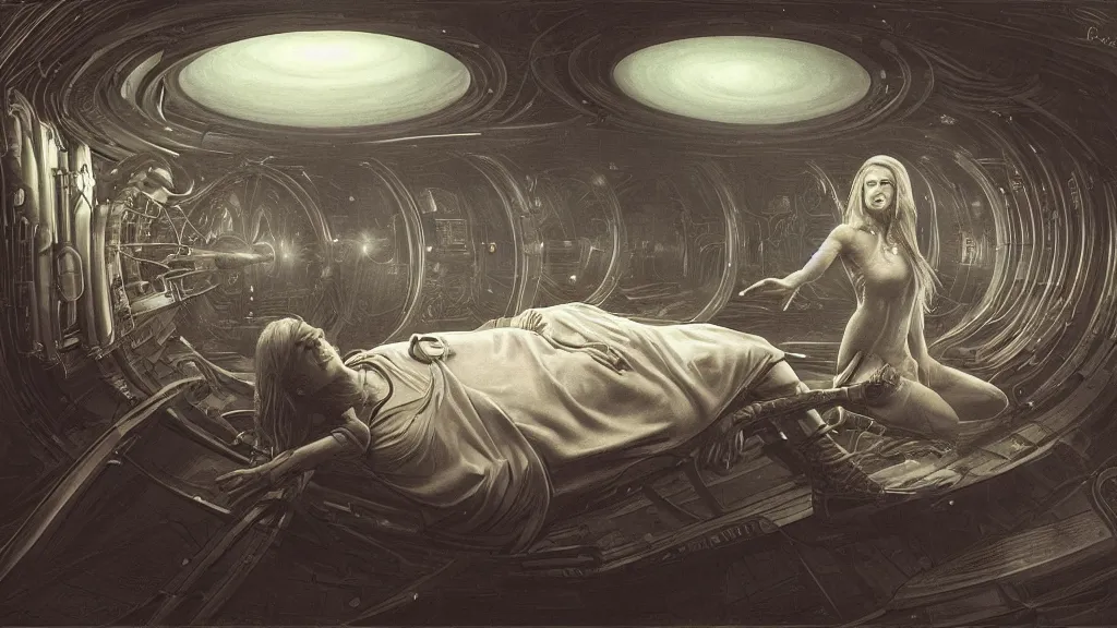 Prompt: a wide angle view of woman in a hyper sleep chamber, a stunning view of jupiter outside the spaceship window, highly detailed, artistic composition, sharp focus, intricate concept art by ron cobb and hr giger, digital painting, dramatic lighting