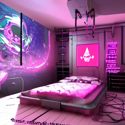 Prompt: a girl's cozy cyber punk bedroom