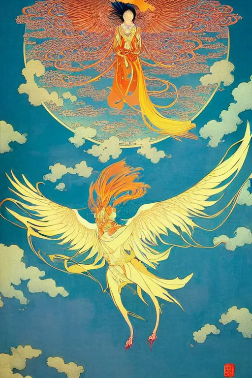 Image similar to victo ngai and lfons mucha painting of a phoenix in the sky, chinese style