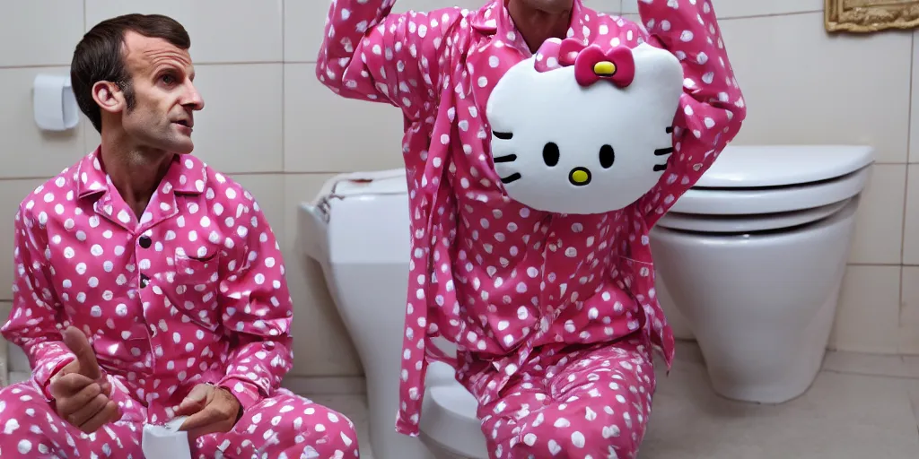 Image similar to picture of emmanuel macron dressed in a hello kitty pajamas on a toilet, photorealistic, higly detailed, 8 k