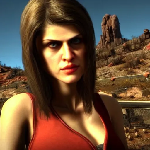 Image similar to a screenshot of alexandra daddario in the video game fallout new vegas. 3 d rendering. unreal engine. amazing likeness. very detailed. cartoon caricature