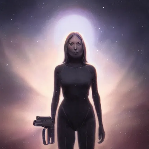 Prompt: pleiadian woman with big eyes and long silver hair wearing a dark body suit and holding a plasma gun standing in barren fields, portrait art by greg rutkowski