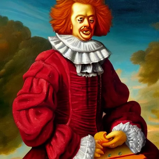 Image similar to oil painting of 1 7 th century king ronald mcdonald with shifty eyes