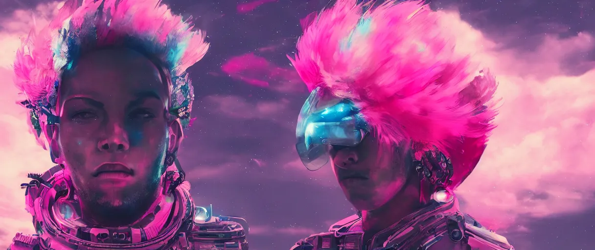 Image similar to portrait big punk, pink, mohawk, space, hyperdetailed illustration, stars, neon, oil painting, rich deep colors masterpiece, ultra detailed, contrast, heaven pink, clouds, volumetric light, atmospheric lighting, pirate neon ship, dramatic, cinematic, moody, octane render 4 k, 8 k