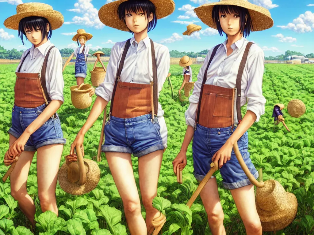 Image similar to mandragora farmer girls working on the sunny day, wearing a suspenders and straw hats, artgerm, artstation, art by hiroaki samura and jiro matsumoto and yusuke murata, box office hit, movie poster, unreal engine, octane render, sharp focus, high quality, highly detailed 8 k