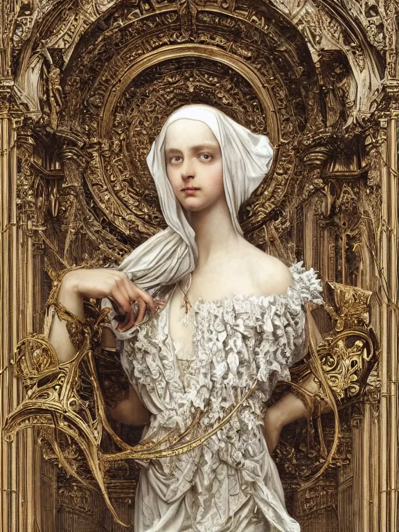 Prompt: a beautiful render of baroque catholic veiled the white queen sculpture with symmetry intricate detailed,by Lawrence Alma-Tadema, peter gric,aaron horkey,Billelis,trending on pinterest,hyperreal,jewelry,gold,intricate,maximalist,golden ratio,cinematic lighting