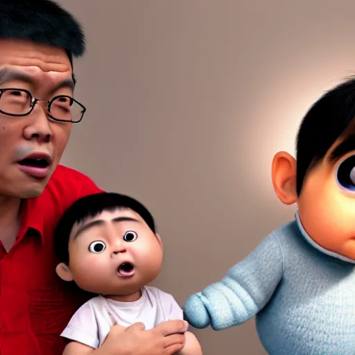 Prompt: shocked asian man cannot believe his eyes that he is holding a dark skinned chubby baby, award winning art, pixar, 3 d render, confusion, unreal engine