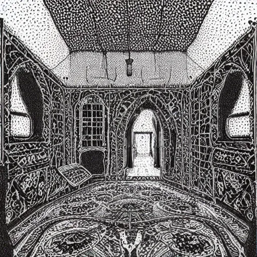 Prompt: interior of a vampire's house in the style of kinetic pointillism, intricate hyper detailed, hd