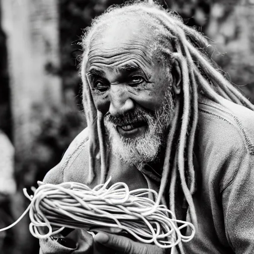 Image similar to elderly man with spaghetti dreadlocks, canon eos r 3, f / 1. 4, iso 2 0 0, 1 / 1 6 0 s, 8 k, raw, unedited, symmetrical balance, wide angle