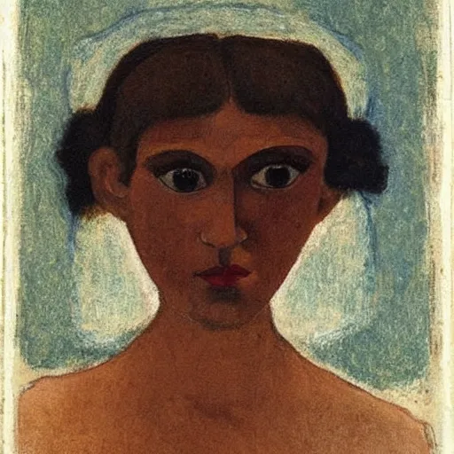 Prompt: A beautiful print. She looks up at me, up and down. She has short-cropped hair, and a scar on her left cheekbone: just a line of black against her deep tan, precise and geometrical. Her eyes are pale green. by Paula Modersohn-Becker swirling, composed