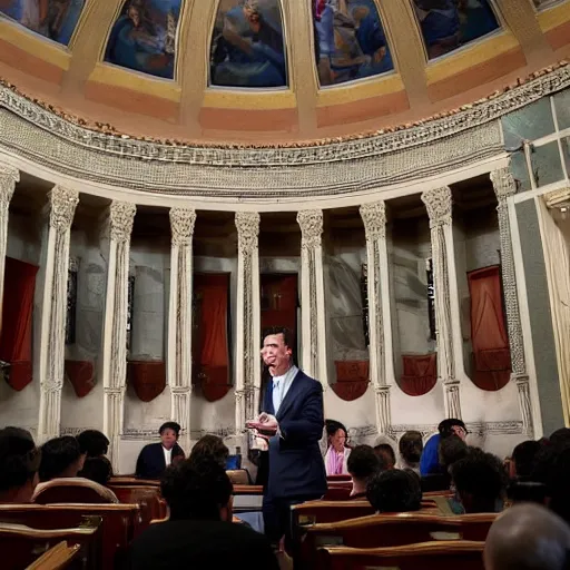 Image similar to Alastair Crowley giving a lecture in front of the United States senate, photojournalism, news, CNN, intricate detail, award winning photography,