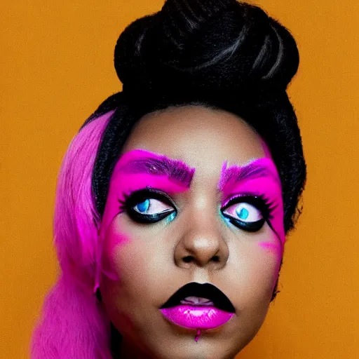 Image similar to A selfie of an alternative styled black woman with pink pig tails and lush makeup, 8k, photorealistic