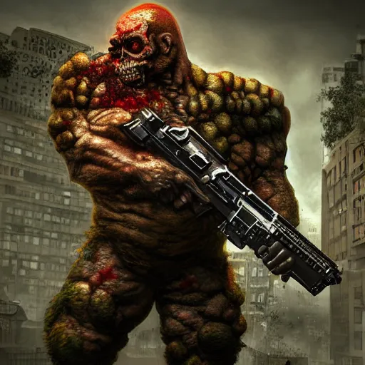 Prompt: ultra realistic, photo realistic super mutant with mini guns 7 5 mm, massive over 1 5 feet tall, dual - wield mini - guns, ragnoraking, massacring the nypd octane rednering, unreal engine, digital art, 8 k resolution, art style marc simonetti, mutant wears day of the dead mask