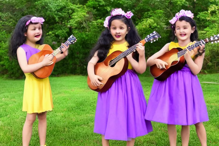 Image similar to conjoined twins wearing a purple dress holding a yellow ukelele, black hair