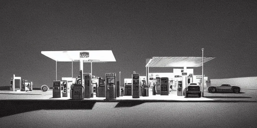 Image similar to A gas station in the desert at night, creepy and dramatic atmosphere, digital art by Greg Rutkowski and Studio Ghibli and Edward Hopper