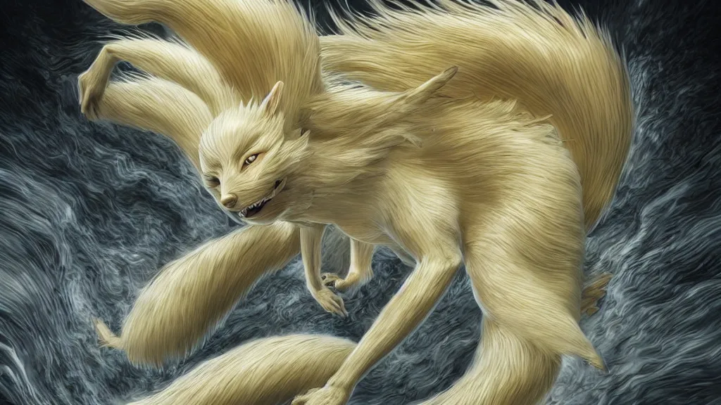 Image similar to a ninetails created by uzumaki junji ito and photographed by andrew thomas artgerm, digital art, redshift render, hyperrealistic, ray - tracing