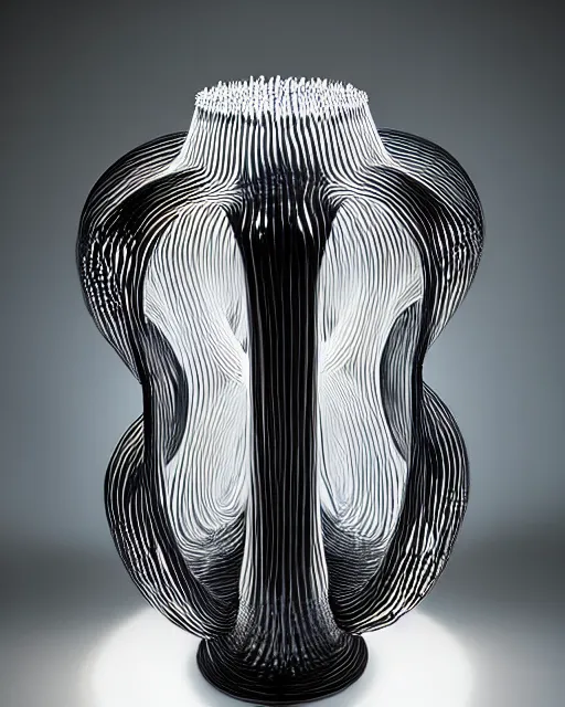 Prompt: sculptural table lamp designed by iris van herpen, painted metal and glass, advertising photography