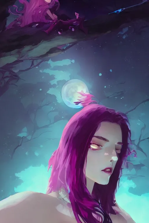 Prompt: A beautiful woman with magenta hair covering her face basking in the moonlight on an obsidian crystal bed below planets, tall tree, cinematic lighting, dramatic atmosphere, by Dustin Nguyen, Akihiko Yoshida, Greg Tocchini, Greg Rutkowski, Cliff Chiang, 4k resolution, trending on artstation