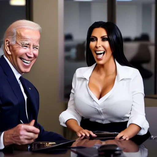 Image similar to stock photo of kim kardashian, and joe biden wearing suits and ties laughing in an office building, 8k resolution, full HD, cinematic lighting, award winning, anatomically correct