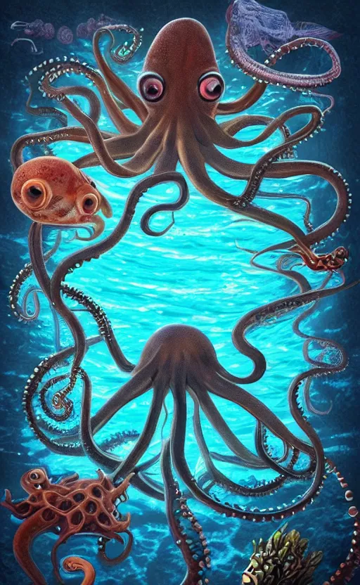 Prompt: octopus, aquatic creature, monster, subnautica, darkness, ocean dept, thalassophobia, blue lights, starts