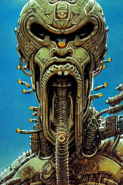 Image similar to japanese oni, character portrait, portrait, close up, concept art, intricate details, highly detailed, soft light, vintage sci - fi poster, in the style of chris foss, rodger dean, moebius, michael whelan, and gustave dore