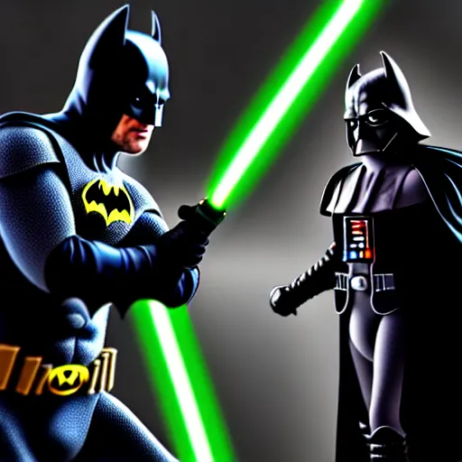 Prompt: ultra detailed picture of a fight where batman is against darth vador, unreal engine, extremely detailed, epic, dark, highly realistic, spiritual masterpiece, beautiful, ultra hd