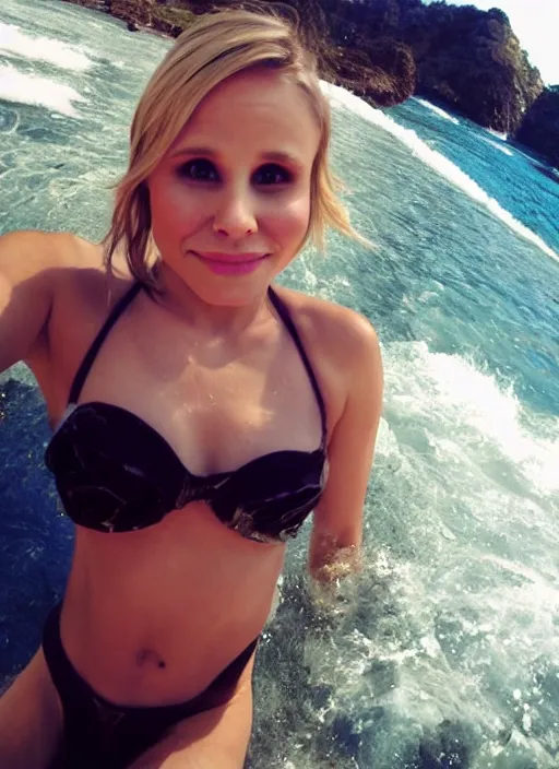 Prompt: viewed from my point of view : date with kristen bell, she's on my bed in bikini, gopro footage