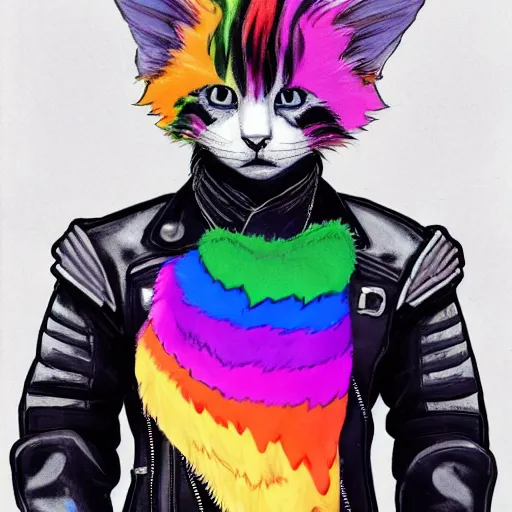 Image similar to wide angle full body, jacket wearing fluffy cute rainbow kitten wearing a black leather motorcycle jacket, riding on a motorcycle, cinematic concept art