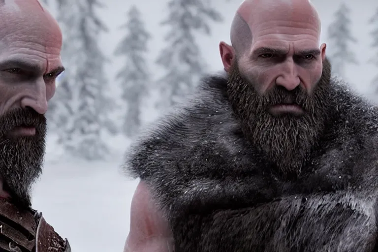 Image similar to vfx movie live action god of war closeup, natural grizzled skin, tough bald man in furs, grey beard, in snowy tahoe by emmanuel lubezki