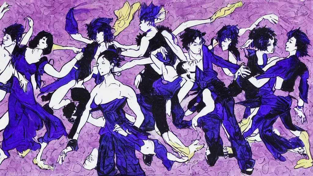 Prompt: a group of 5 people people seen from the front dancing together, dark blue and intense purple color palette, in the style of amano yoshitaka
