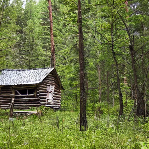 Image similar to delapidated cabin in a forest, near a creek