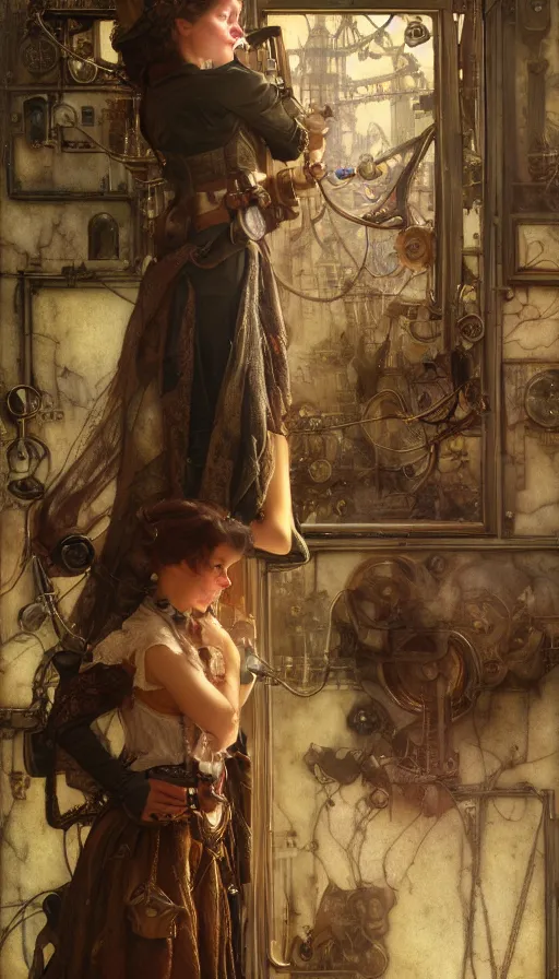 Image similar to hyper realistic photographer looking through camera, magical, steampunk, painted by norman rockwell, tom bagshaw, mucha, gaston bussiere, craig mullins, j. c. leyendecker 8 k