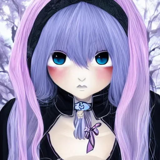 Prompt: beautiful female wizard, blue eyes, black clothing, daughter of death, cute, japanese style anime, intricate