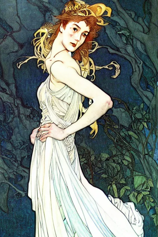 Image similar to in the style of artgerm, arthur rackham, alphonse mucha, evan rachel wood, flowing white dress