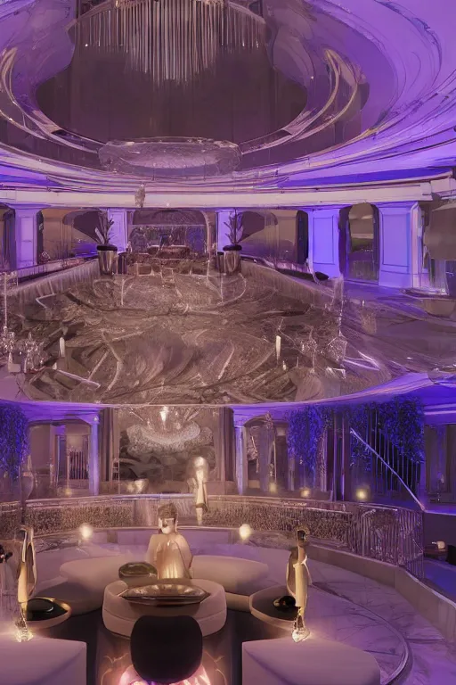 Prompt: a lavish great gatsby party full of people wearing futuristic attire in a mansion designed by ricardo bofill, flash photography, raytracing, 8 k, octane render, volumetric, vivid, beautiful, hyperrealism