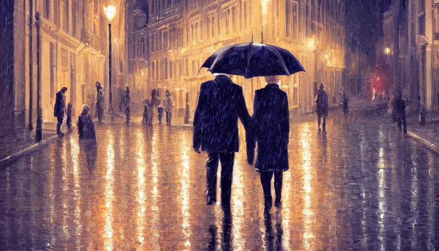 Image similar to digital painting of old couple walking in brussels by night, reflections, lights, umbrella, hyperdetailed, artstation, cgsociety, 8 k