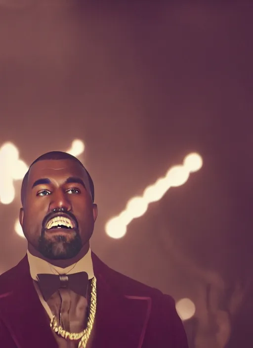 Image similar to portrait kanye west as willy wonka in django unchained, splash art, movie still, cinematic lighting, long lens, shallow depth of field, bokeh, anamorphic lens flare, 8 k, hyper detailed, 3 5 mm film grain