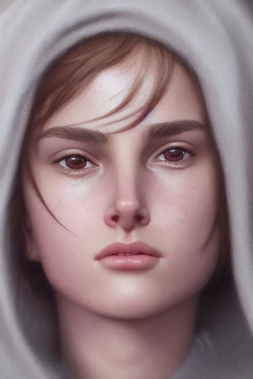 Image similar to a girl Nathalie Portman portrait, loving amber eyes, a shy face, unreal 5, hyperrealistic, octane render, Regal, Refined, Detailed Digital Art, RPG portrait, William-Adolphe Bouguereau, Michael Cheval, dynamic lighting, Highly Detailed, Cinematic Lighting, Unreal Engine, 8k, HD