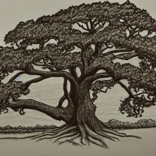 Prompt: oak tree on a grasslands hill, logo, pencil drawing, sharp lines, detailed